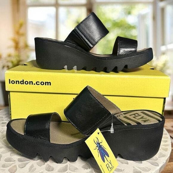 Fly London $190 BESY357FLY Moose Black Leather Slide Wedge Sandals Women’s EU 38 - Picture 9 of 16